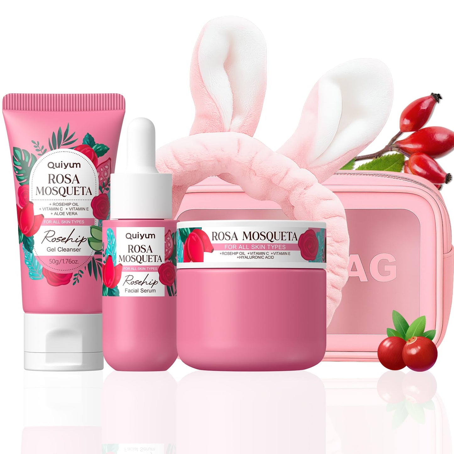 Quiyum Rosehip Skin Care Set, Beauty Skincare Gift Sets, Natural Facial Skin Care Products, Korean Style Skincare for Women, Nourishing, Hydration, Glow Up, 3PCS