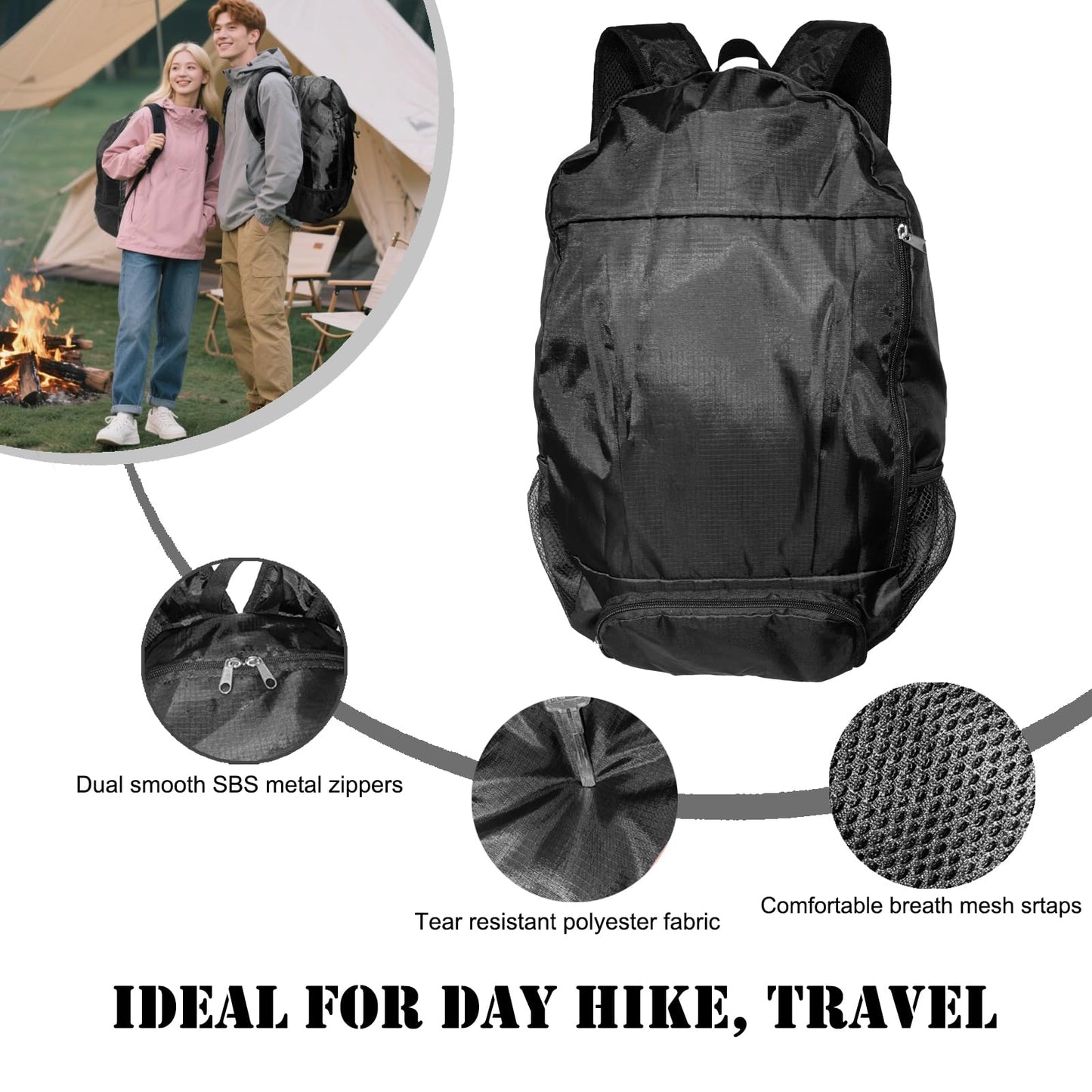 Ultra Lightweight Hiking Backpack 30L, Travel Packable Daypack Foldable Small Backpacks for Women Men(Black)