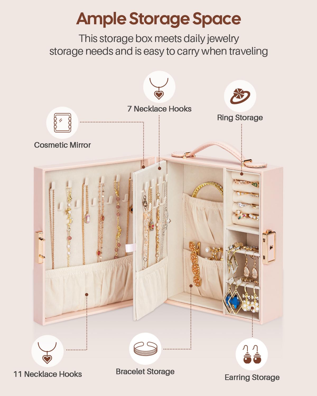 Enthralite Travel Jewelry Case, Essentials for vacation, Portable Bangle Box with Mirror, PU Leather Small Watch Organizer for Rings, Earrings, Necklaces, Bracelets (Light Pink)