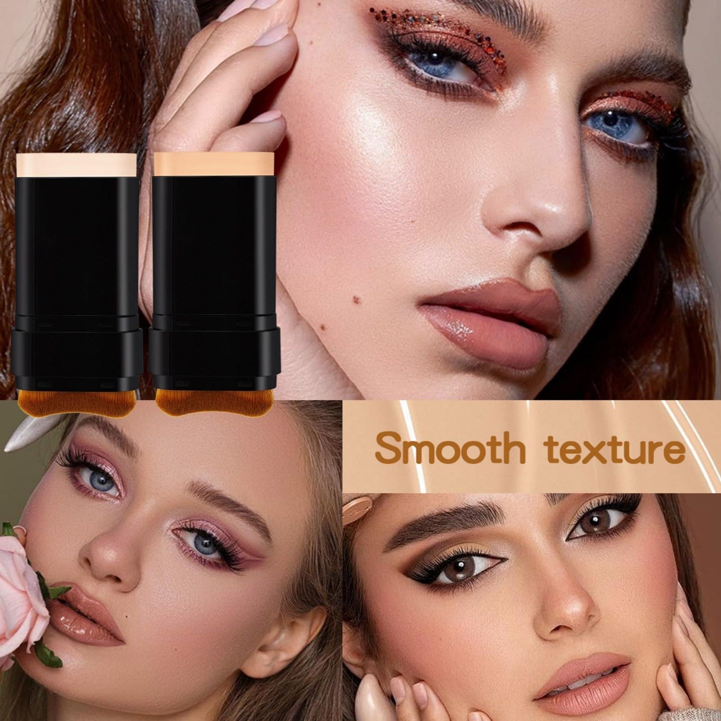 Korean Dual Ended Foundation Stick with Brush, 2 in 1 Concealer Foundation Stick & Contour Makeup, Hydrating Formula - Lightweight, Waterproof, Covers Blemishes (Natural)