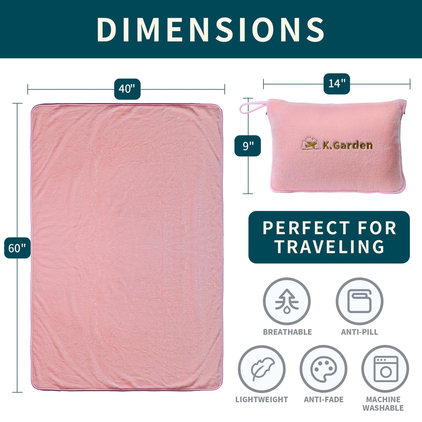 Travel Cooling Blanket and Pillow- Soft 2 in 1 Airplane Compact Flight Essentials Car Pillow Travelers Gifts Accessories Compact Pack Blanket for Any Travel with Luggage Backpack Strap,Pink