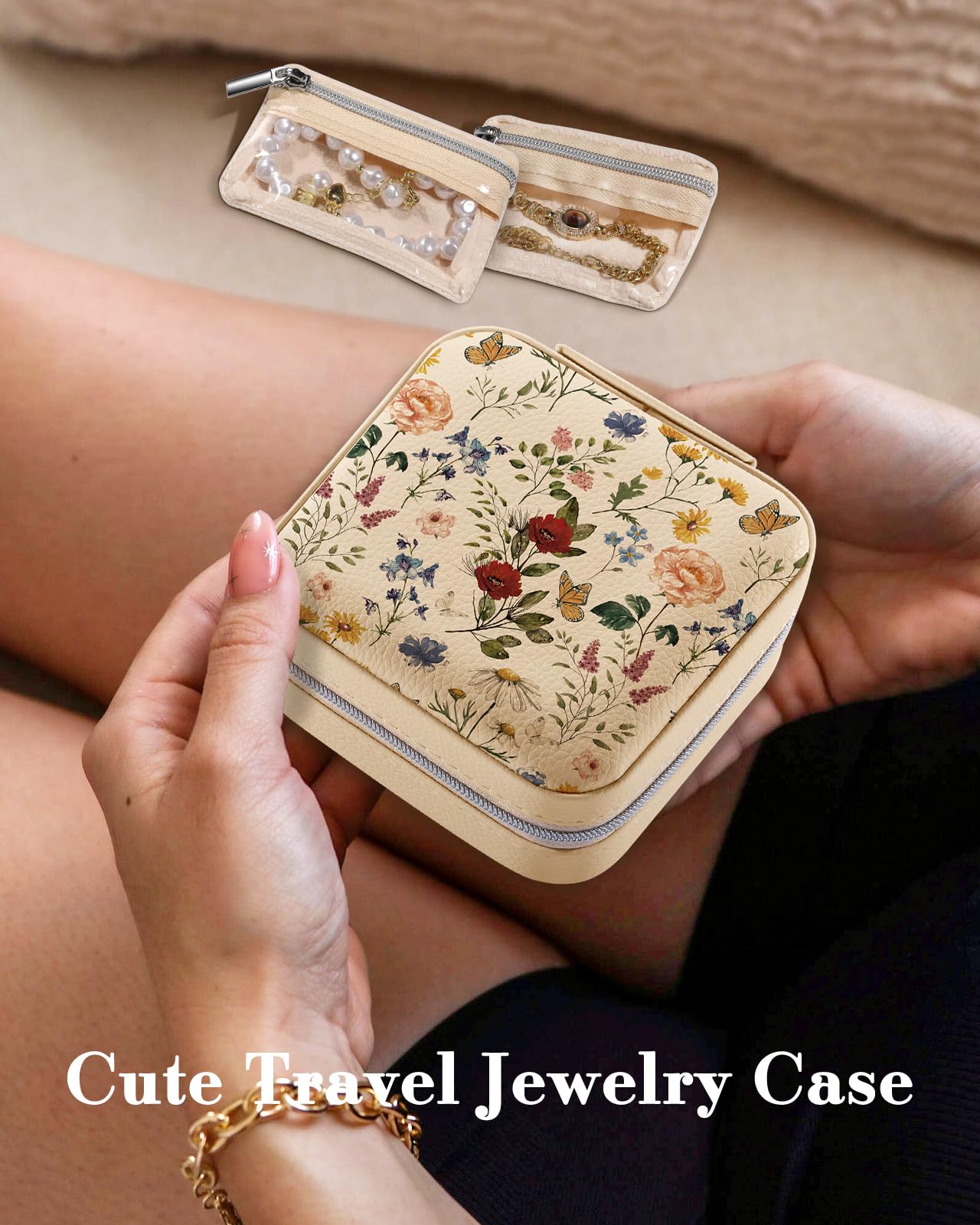Bistup Travel Jewelry Case - Small Jewelry Organizers and Storage Box for Women Girls Teens Cute Traveling Jewelry Holder with Mirror Little Tiny Compact Flower Floral Modern Unique Aesthetic Pretty