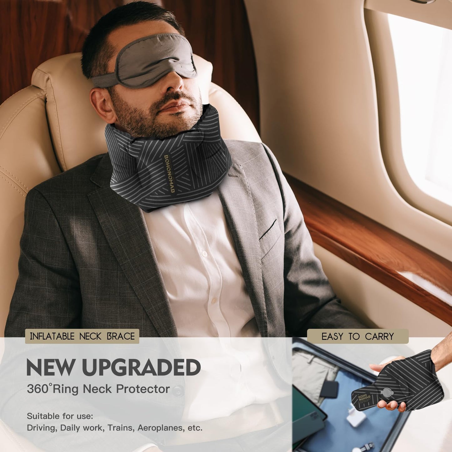 Arbergarden Inflatable Neck Pillow for Travel – Adjustable Blow Up Pillow for Airplane, Car, Train, Office, and Home – Compact, Lightweight, Ergonomic Neck Support Pillow for Sleeping Anywhere(Black)