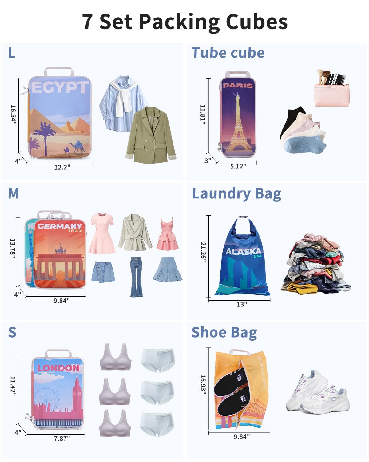 Ceneda 7 Set Compression Packing Cubes for Travel, Expandable Luggage Organizer with Shoe & Laundry Bags, Lightweight Suitcase Packing Cubes for Women & Family, Carry-On, Cruise, Vacation (City Print)