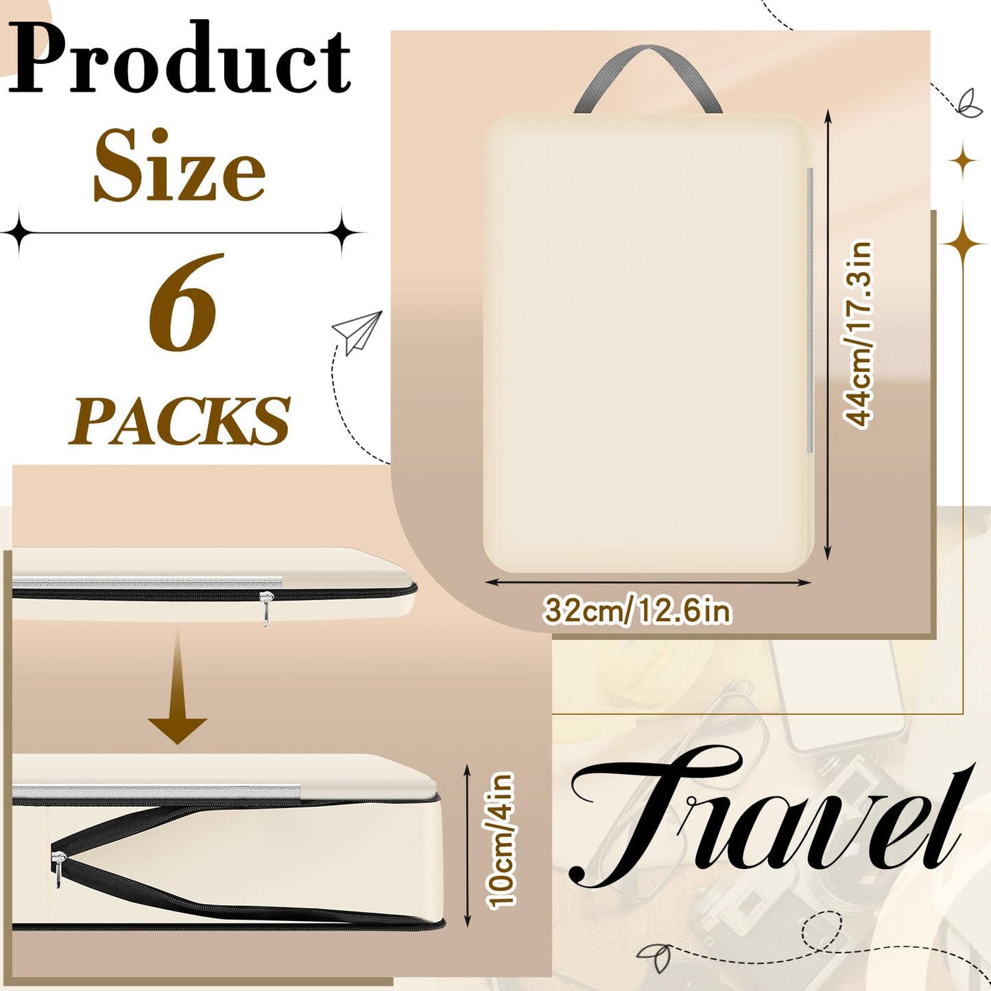 Hosuly 6 Pcs 17.3 x 12.6'' Compression Packing Cube Bag Extra Large Travel Expandable Space Saving Organizers XL for Luggage Storage(Beige)