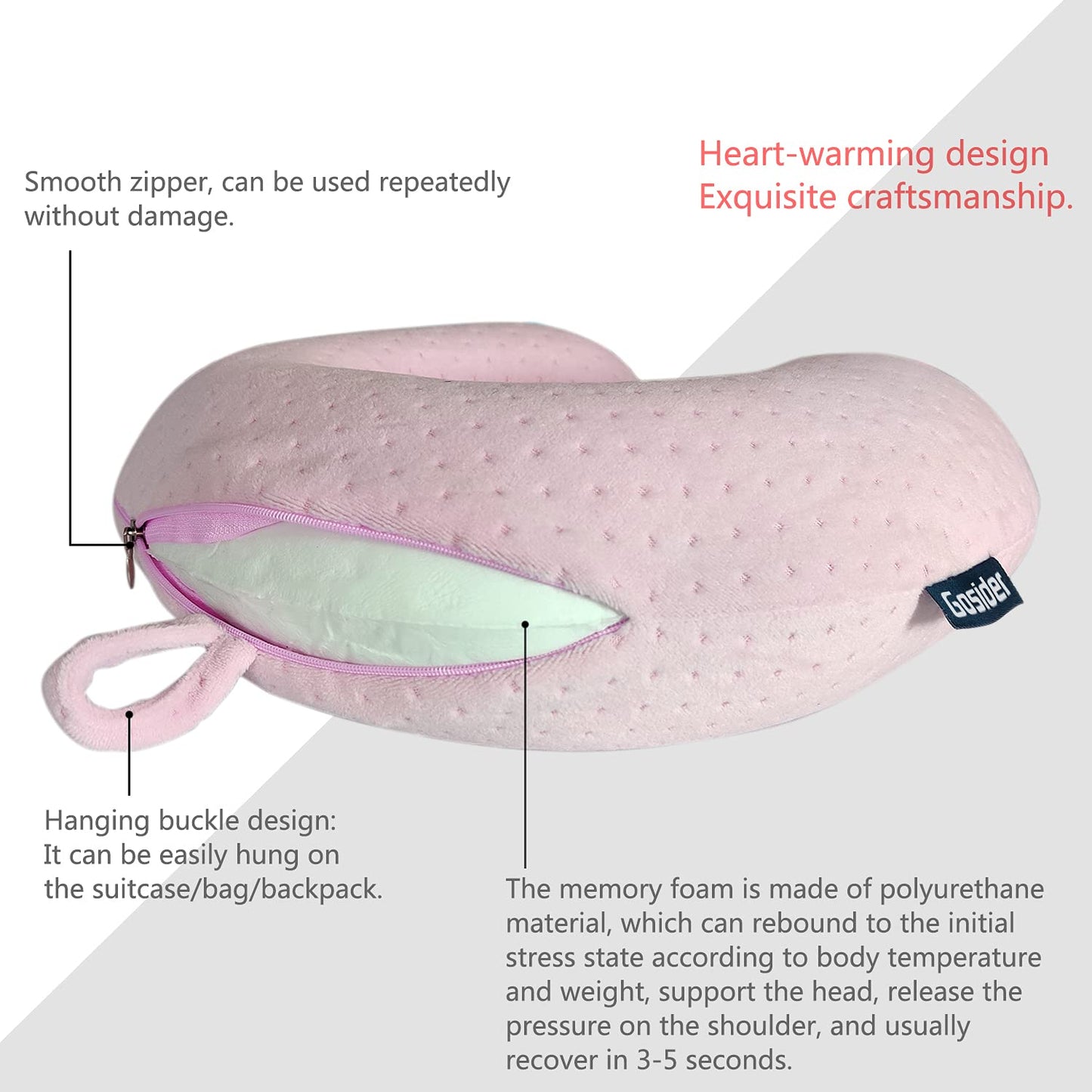 Gosider Neck Pillows for Sleeping Travel Pink Travel Pillow Comfortable U Shape Memory Foam Pillows Neck and Head Support Portable Travel Neck Pillow Suitable for Planes, Trains, Self-Driving Cars