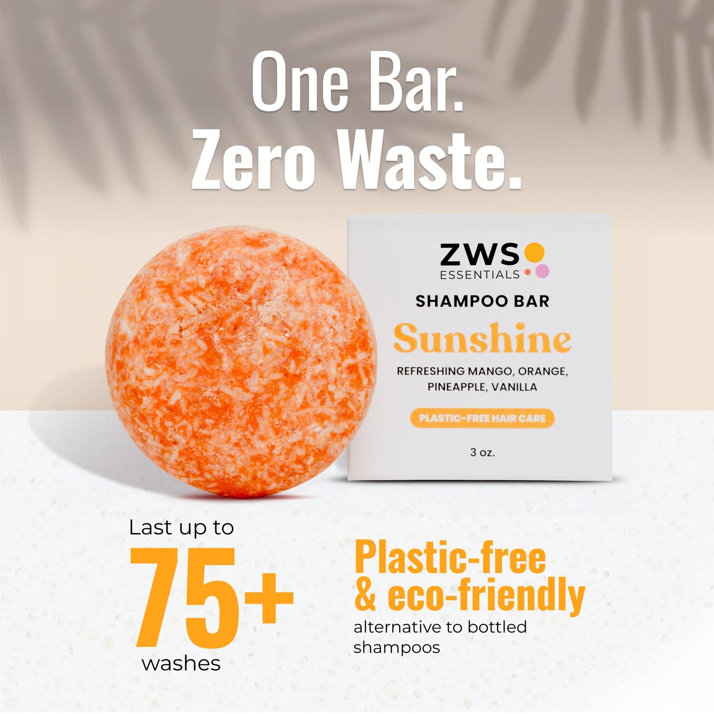 ZWS Essentials Sunshine Shampoo Bar, Vegan Solid Hair Cleanser with Mango, Orange, Pineapple, and Vanilla, for All Hair Types, Zero Waste, Travel-Friendly, Clean Beauty