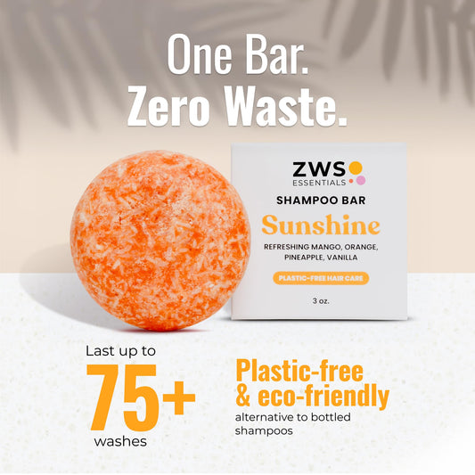 ZWS Essentials Sunshine Shampoo Bar, Vegan Solid Hair Cleanser with Mango, Orange, Pineapple, and Vanilla, for All Hair Types, Zero Waste, Travel-Friendly, Clean Beauty