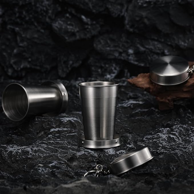 10 Pieces Collapsible Shot Glasses Stainless Steel Collapsible Cup Reusable Portable Travel Folding Cup with Lid and Keychain for Camping Hiking Cycling(8.5 oz)