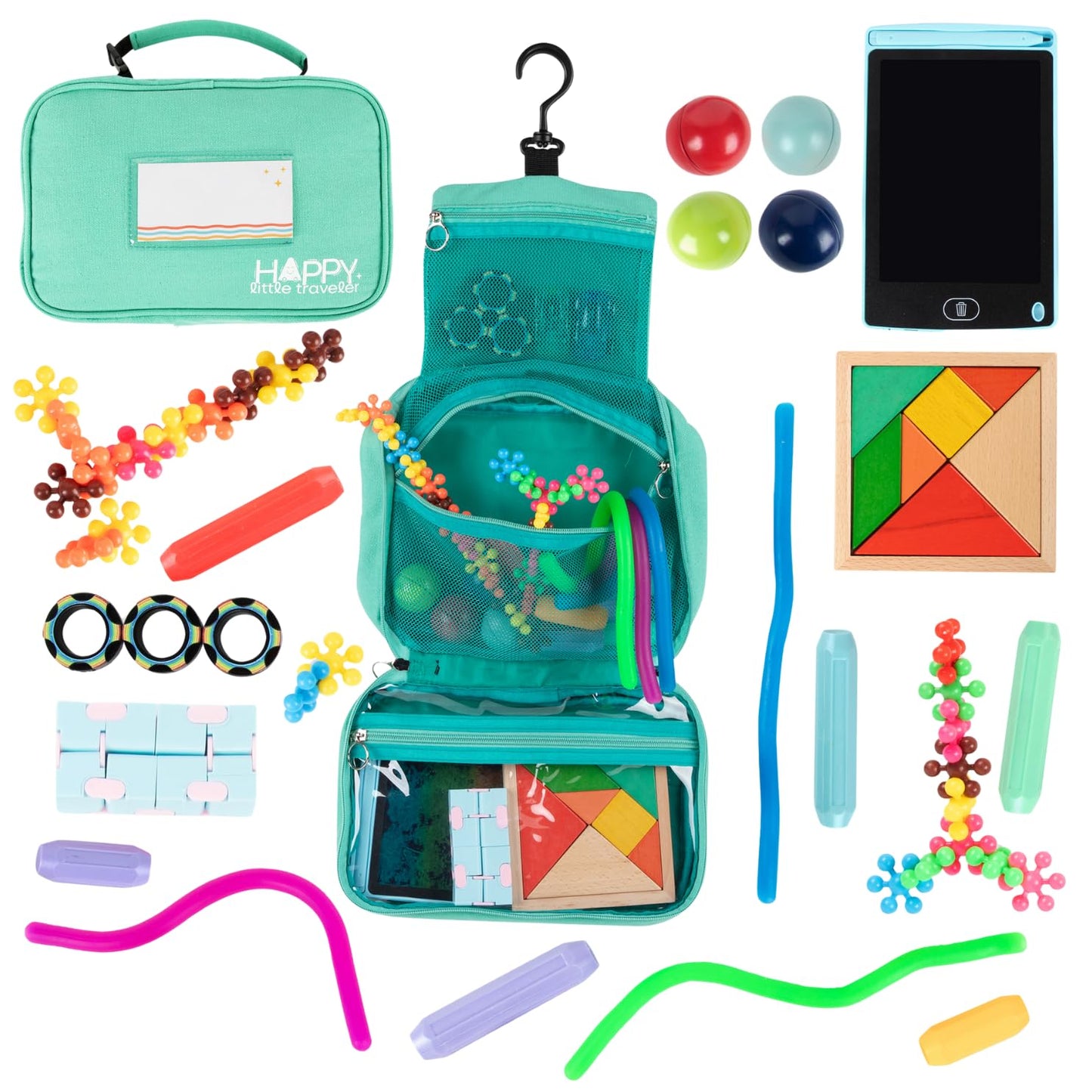 Travel Essentials for Kids – All-in-One Activity Kit for Travel, Road Trip Activities for Kids - Hanging Bag, Includes Toys and Activities for Airplanes, Hotels - Boys & Girls 4+ Years (Seafoam)