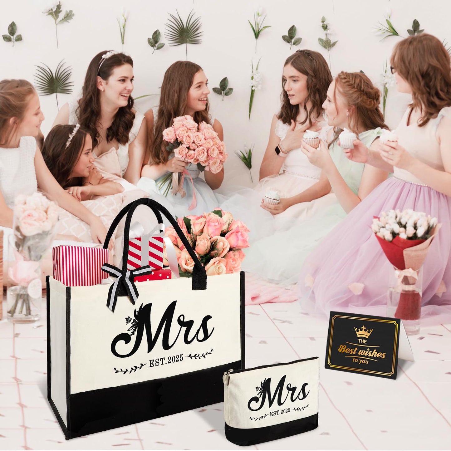 Vanqruo Mrs 2025 Bride Canvas Tote Bag with Makeup Bag, Wedding Gifts for Bridal Shower Bachelorette Party Engagement Honeymoon, Miss to Mrs, Bride to Be Gifts