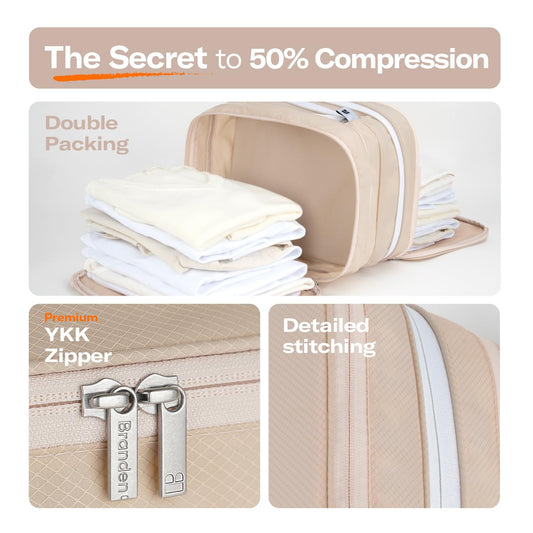 Branden Compression Packing Cube, X-Large, Sandbeige | Travel Essentials l Luggage Organizer l Self Compression Organizer for Travel l Overnight Trip, Road Trip, Beach, Cruise