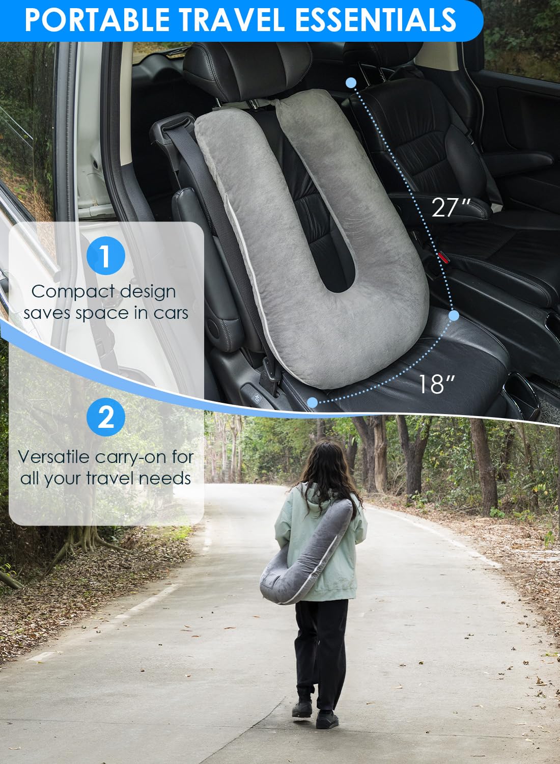 QUEEN ROSE Travel Pillow for Car Sleeping, Adjustable Length, Neck Support Pillow for Road Trips, for Adults & Kids, Soft Velvet, Grey