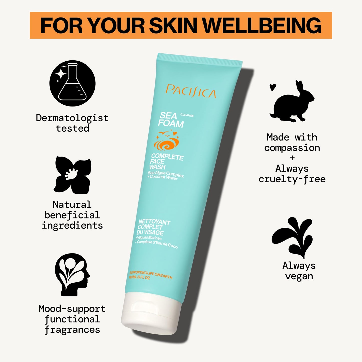 Pacifica Face Wash - Sea Foam Mini Travel Size, Skincare, Daily Gentle Foaming Cleanser, Makeup Remover, Face Cleanser, Skin Care, For Combination and Oily Skin, Vegan, 1.4 fl oz (1 Count)