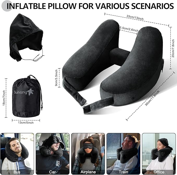 Neck Pillow for Travel Inflatable Airplane Pillow Comfortably Supports Head,Neck and Chin,Inflatable Travel Pillow with Soft Velour Cover,Hat,Portable Drawstring Bag (Black)