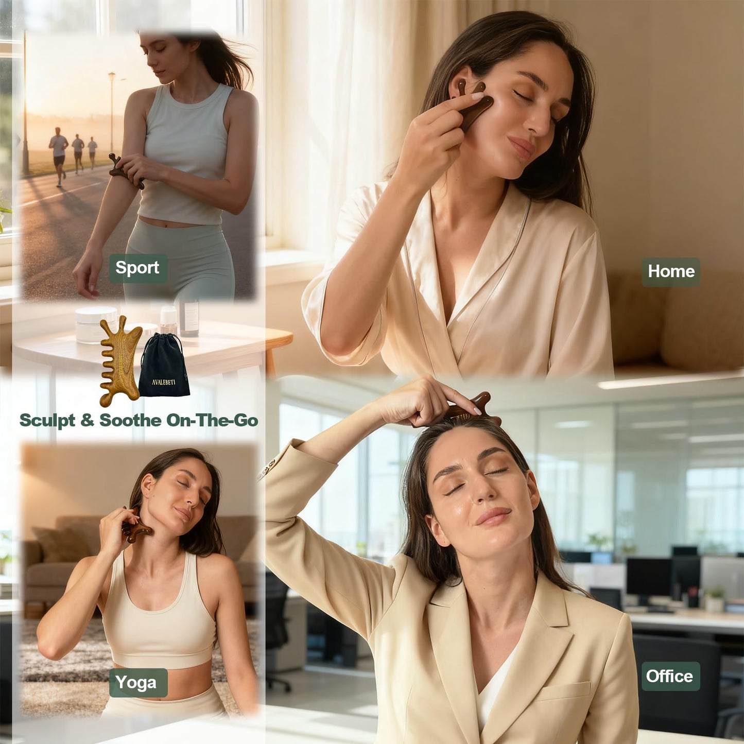 AVALEBETI 6-in-1 Gua Sha Tool for Face & Body, Natural Sandalwood – Lymphatic Drainage, Jaw Lifting & Nose Sculpting, Head Scalp Massage Comb for Stress Relief, Home Office Self Care Gifts for Women