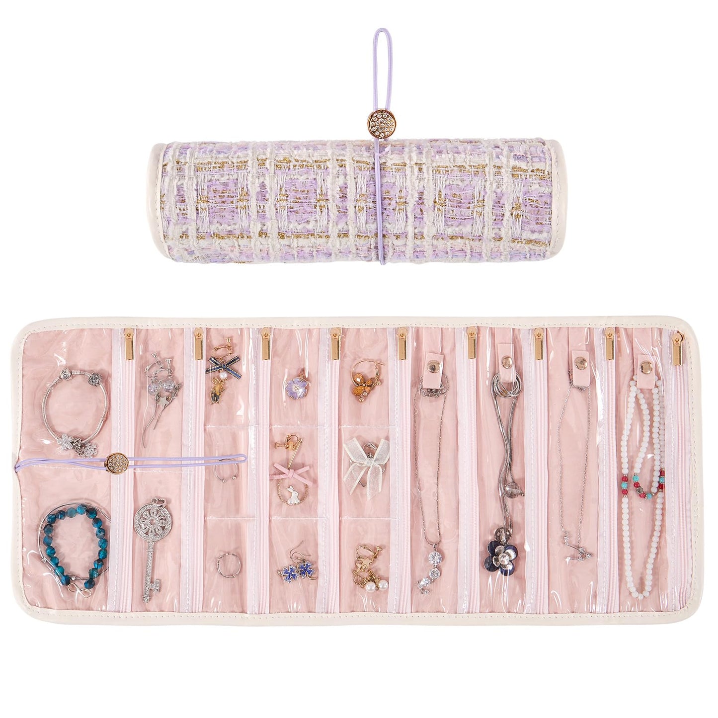 Travel Jewelry Organizer Roll with Zippered Pockets | Tangle-Free Portable Jewelry Storage Case for Women | Holder for Necklaces, Earrings, Rings, Bracelets