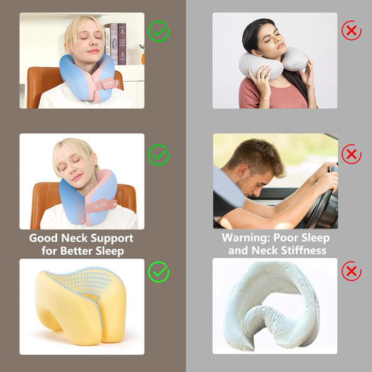 2in1 Ergonomic Memory Foam Travel Neck Pillow – Upgrade Travel Pillow for All Sleep Positions on Flights, Road Trips, and Long Distance Travel with Drawstring Bag (Adjustable - Blue and Pink)
