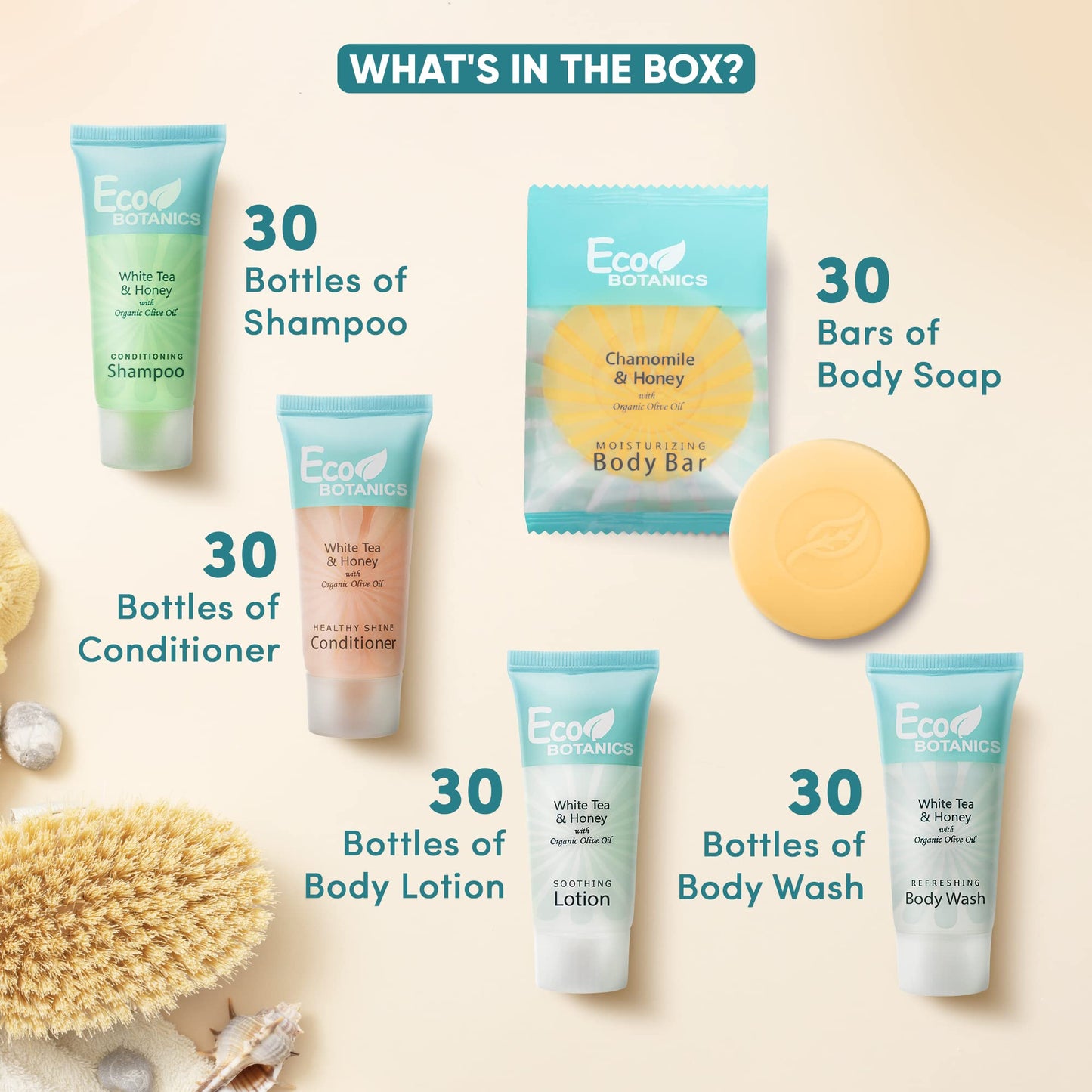 Eco Botanics Hotel Soaps & Toiletries Bulk Set | 1-Shoppe Amenities Kit | 0.85oz Shampoo & Conditioner, Body Wash, Lotion, 0.89oz Bar Soap | Travel Size | 150 Pieces