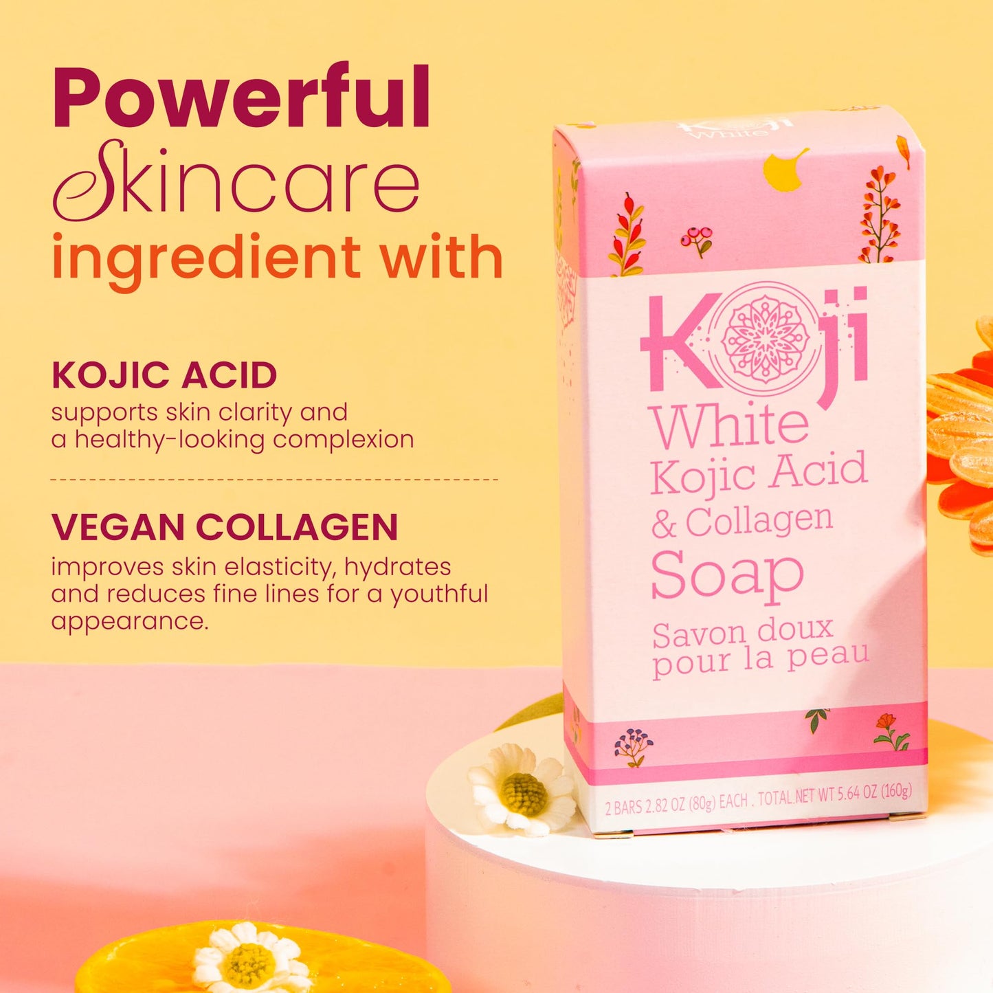 Koji White Kojic Acid & Collagen Skin Brightening Soap for Face & Natural Glowing Skin - Moisturizer, Body Cleansing Bar, Reduce the Appearance of Wrinkles, Vegan, Paraben-Free, 2.82 oz (2 Bars)