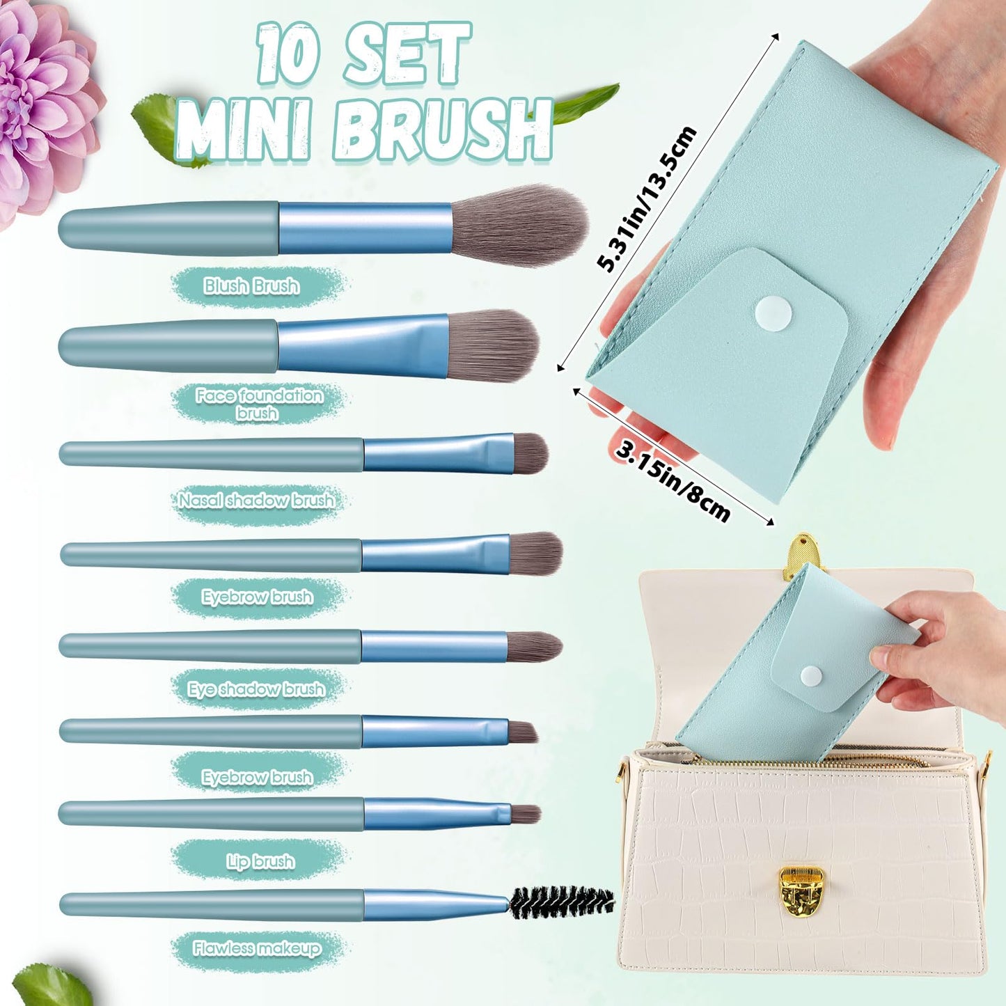 SiliFine 20 Pcs Travel Makeup Brush Set, 10 Pcs Mini Travel Brush Set with Bag, 10 Pcs Makeup Sponge Princess Party Favor Set for Women Girl Home Business Party Souvenirs(Blue)