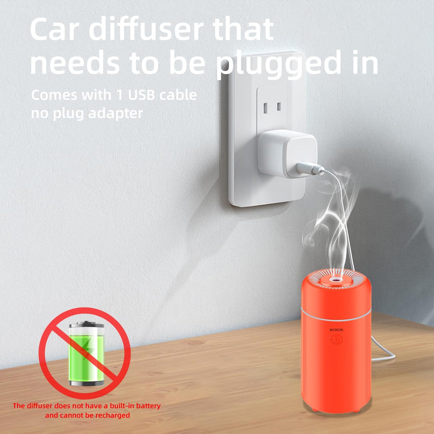 SEEDSEEL 100ML Car Essential Oil Diffuser, Mini Air Humidifier with 7-LED Color Changing, Suitable for Car (Orange)