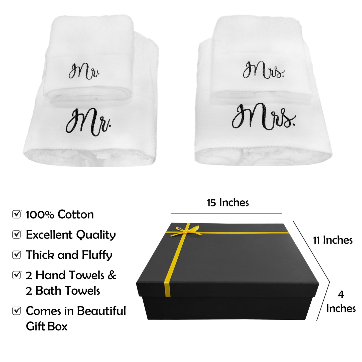 RUBBER BOND Mr and Mrs Towels Set with Gift Box - 4 Pack Bath and Hand Towels - Cotton Towels Set - Wedding, Honeymoon Gifts for The Couples - White Bathroom Towel Set with Black Embroidery