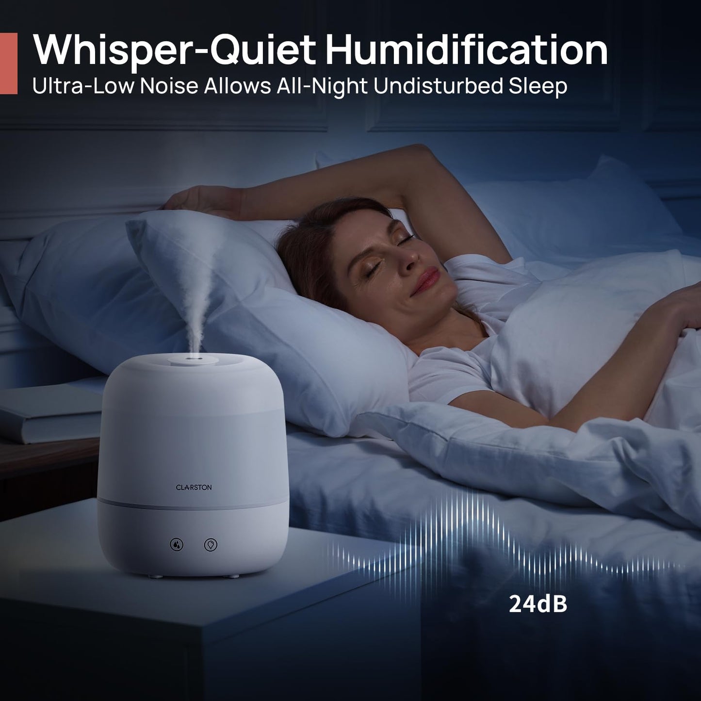 Clarston 2L Cool Mist Humidifier for Bedroom with 360° Adjustable Nozzle, High and Low Mist Levels, Ultra-Low Noise, Light-Off, No BPA, Auto Shut Off, Ideal Baby Humidifier with Easy Top Filling