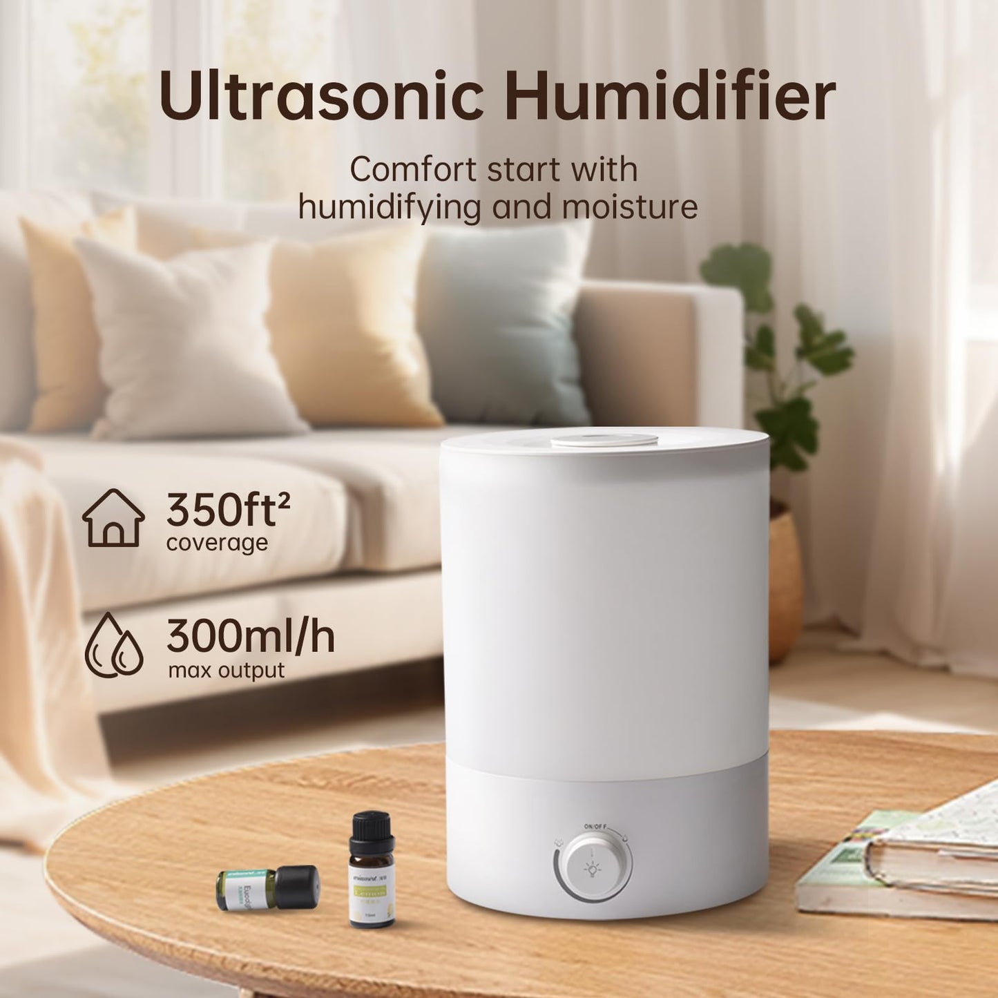 YOGIN Humidifiers for Bedroom Large room,Top fill 2.5L Ultrasonic cool mist Humidifiers for Baby Nursery and Plants,Up to 24 Hours, 24db Quiet,Night Light, Auto Shut Off, Easy Clean Humidifier