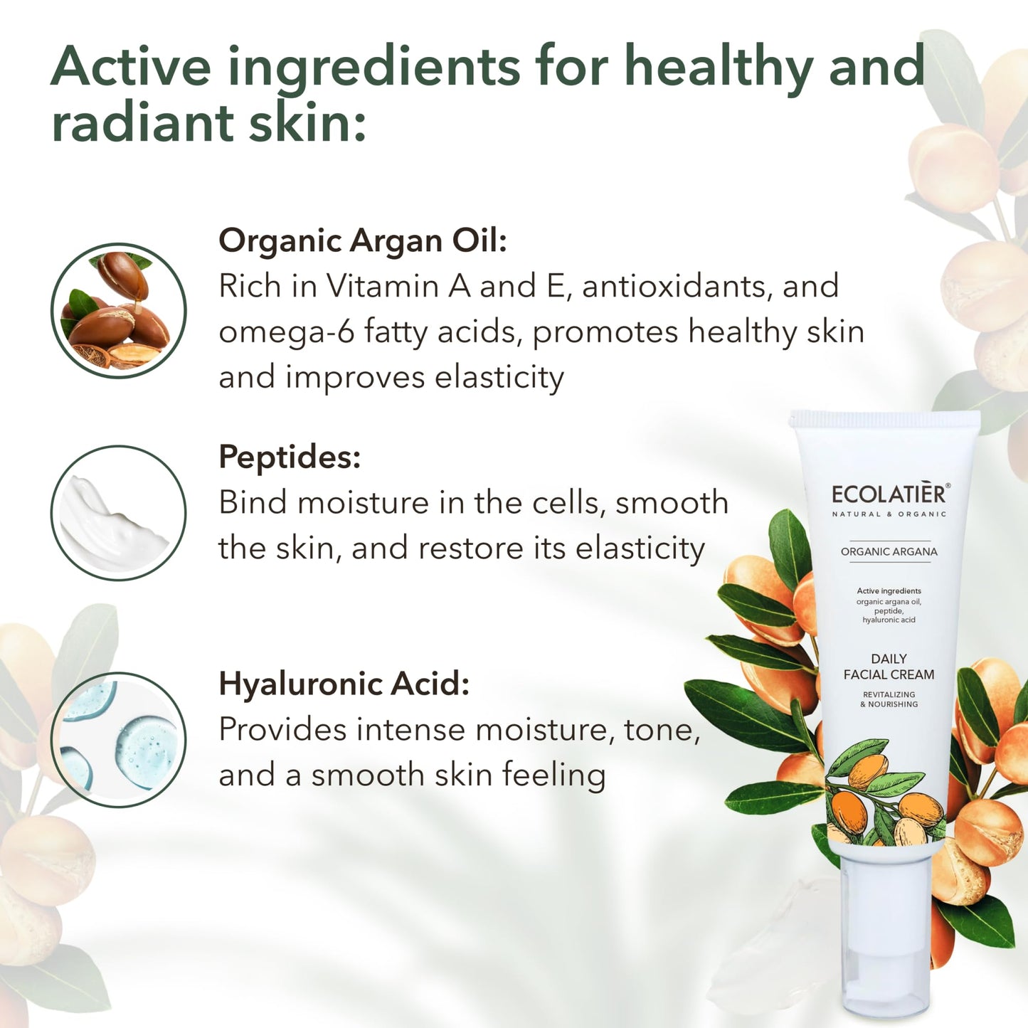 Daily Face Cream with Organic Argan Oil – Revitalizing & Nourishing, Moisturizer with Hyaluronic Acid & Vitamin E, Vegan, 97.2% Natural Ingredients, 1.7 Fl Oz - ECOLATIER