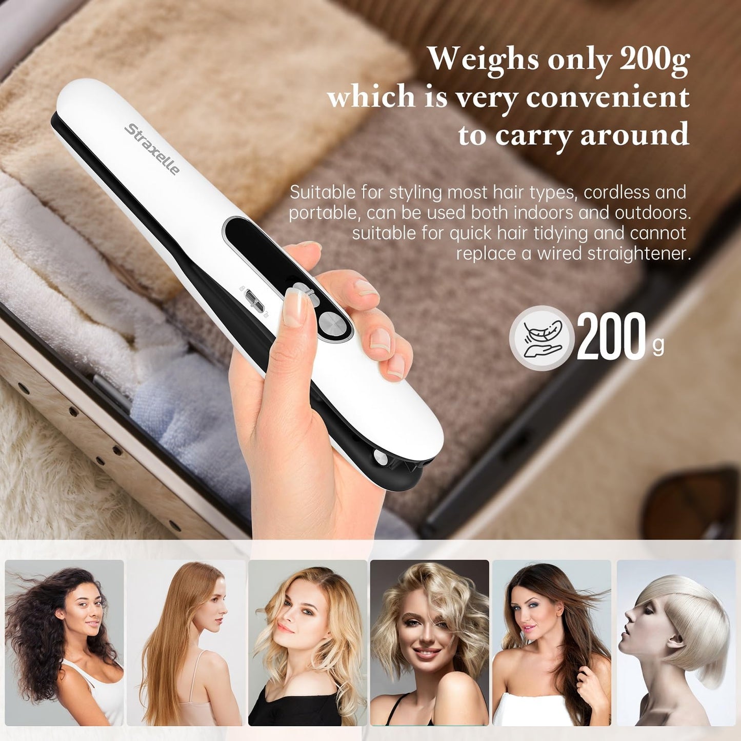 Straxelle 2-in-1 Mini Cordless Hair Straightener and Curler, Adjustable 350°F-420°F, Mini Straightener Flat Iron LED Display/5000mAh,Flat Iron Travel Safe Ceramic Plates for Fine to Thick Hair(White)