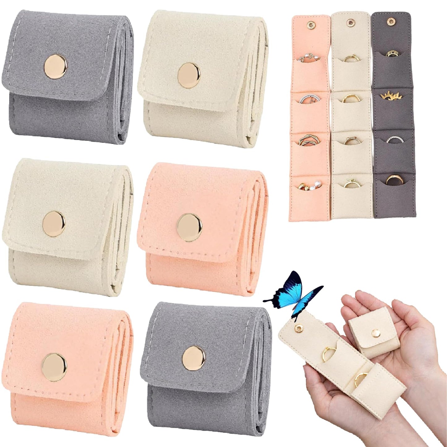 KYAOBEY Mini Travel Jewelry Bag, Mini Travel Jewelry Roll Bag with Buckle, Portable Foldable Travel Jewelry Organizer Case for Bracelet Rings Necklace for Traveling Gifting (6PCS)