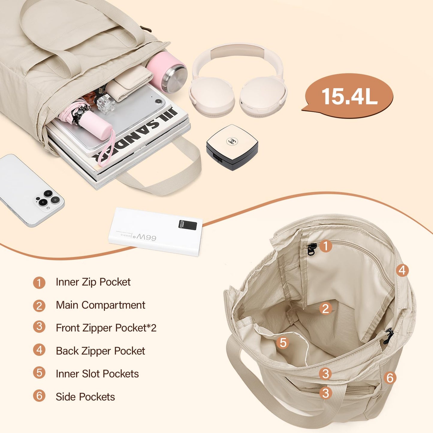 GOLF SUPAGS Foldaway Convertible Tote Backpack Lightweight Nylon Daypack for Women Men City Pack Versatile Backpack for Leisure Travel, Apricot