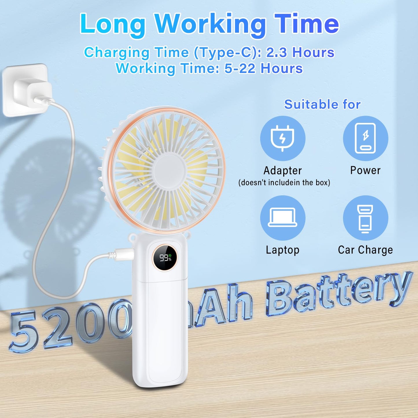 Portable Handheld Fan 5200mAh, USB Rechargeable Foldable Electric Personal Small Mini Hand Held Fan, 22Hrs Runtime, 6 Speeds, LED Display, Battery Powered, Gift for Men, Women, Travel, Outdoor, Makeup