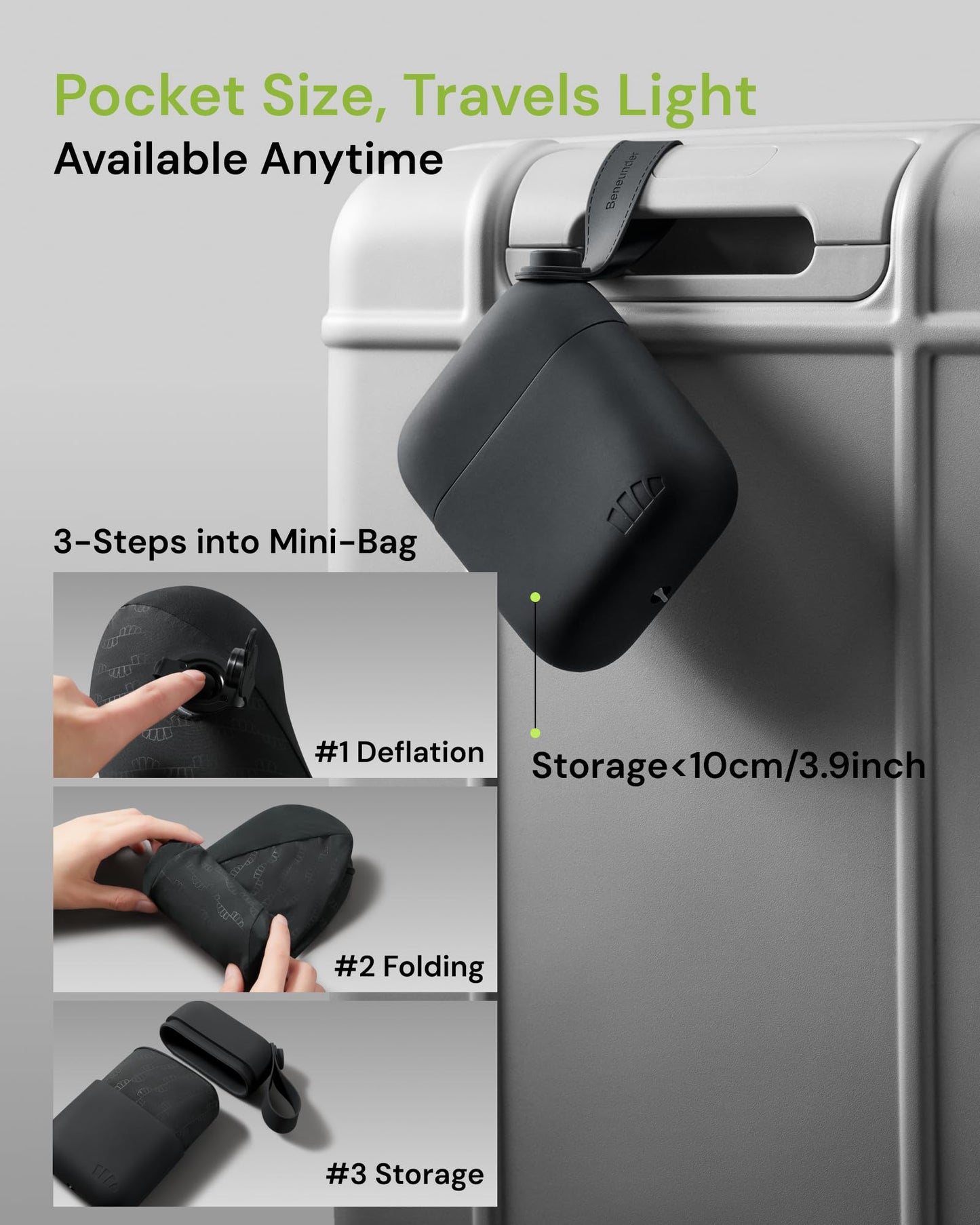 BENEUNDER Travel Neck Pillow for Airplane, Inflatable Compact 360°Head Support Pillow, Comfortable Breathable Cover for Travel, Train,Car with Storage Bag, Black