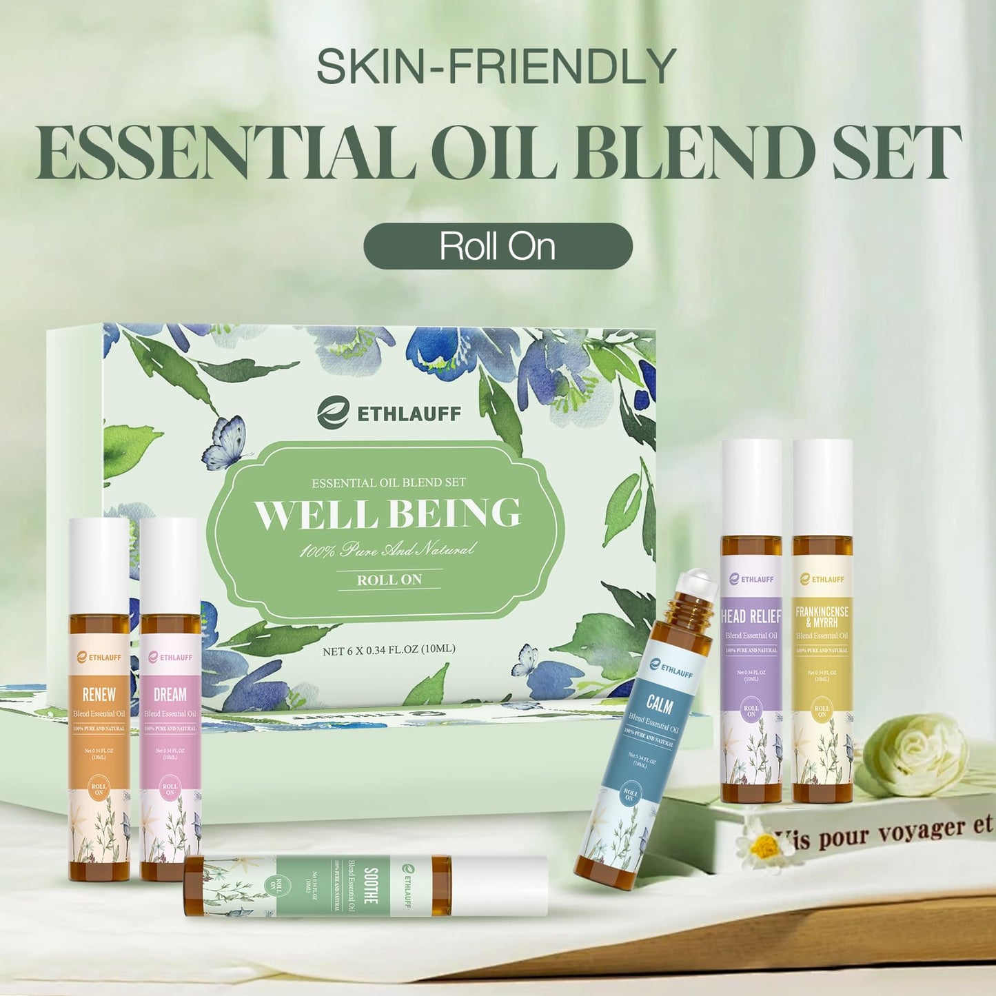 Ethlauff Essential Oil Roll On Set, (Calm,Renew,Dream,Head Relief), Aromatherapy Roll On Blends for Massage, Body Care & Home Use, Stress Relief Gift Men & Women