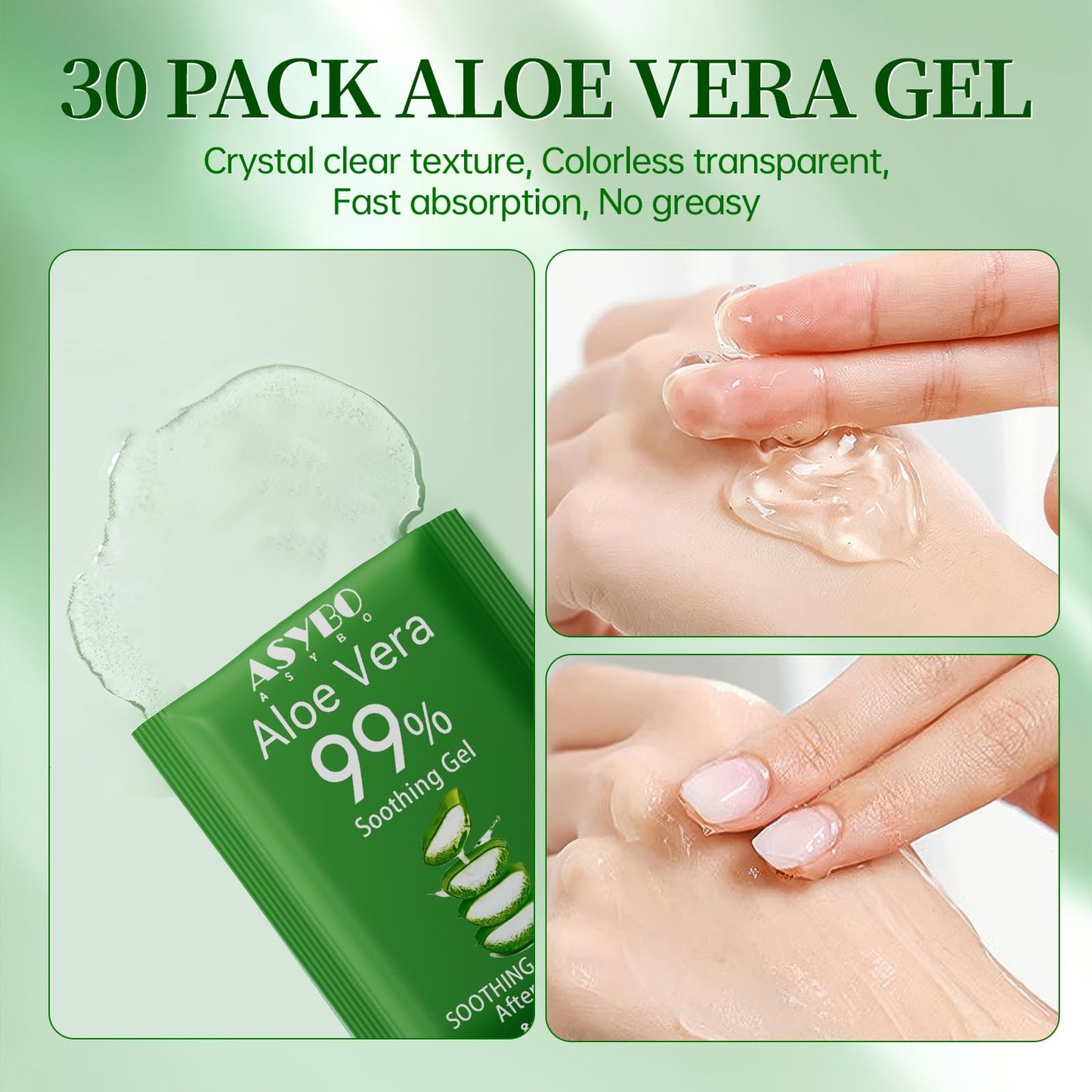 ASYBO 30 Pack Natural Aloe Vera Gel -99% Pure Moisturizing Aloe Vera, Soothing and Hydrating, Sunburn and Scar Repair, Portable Travel Size, After Sun Care for Face Body Hair