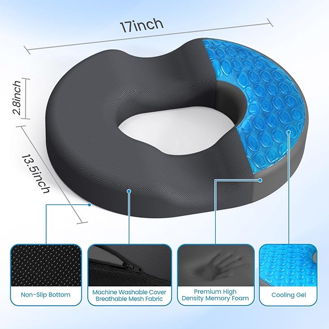 Donut Pillow Seat Cushion - Cooling Gel Floor Pillow, Memory Foam Floor Cushion for Office & Home, Car Seat, Hemorrhoids Pillow, Sciatica & Tailbone Pain Relief Chair Cushion, Grey