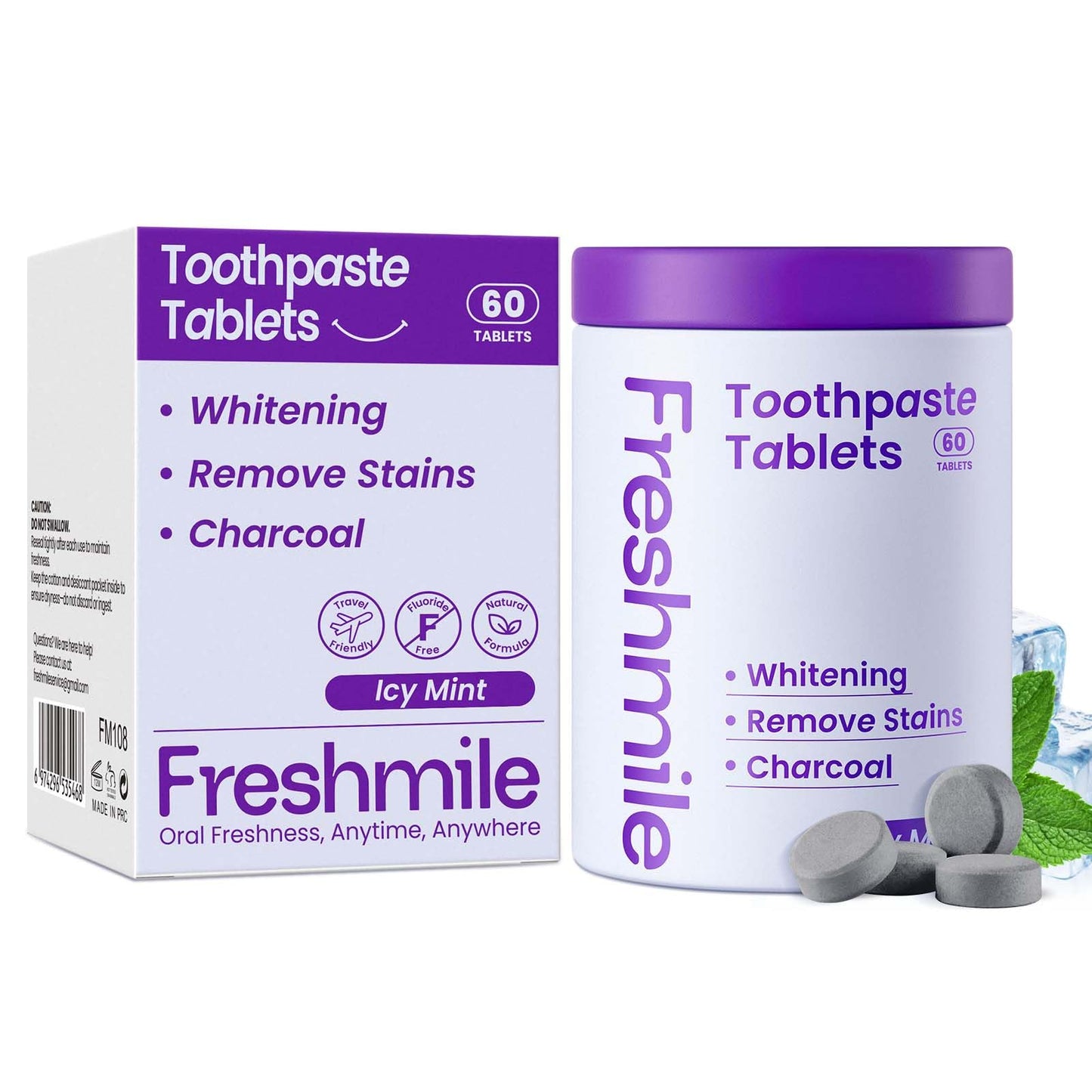 Freshmile Whitening Toothpaste Tablets with Nano-Hydroxyapatite (NHA) for Smokers, Super Cold, Fluoride-Free, Charcoal Powder Whitening, Deep Clean, Enamel Repair, Travel-Friendly Tabs (60 Count)