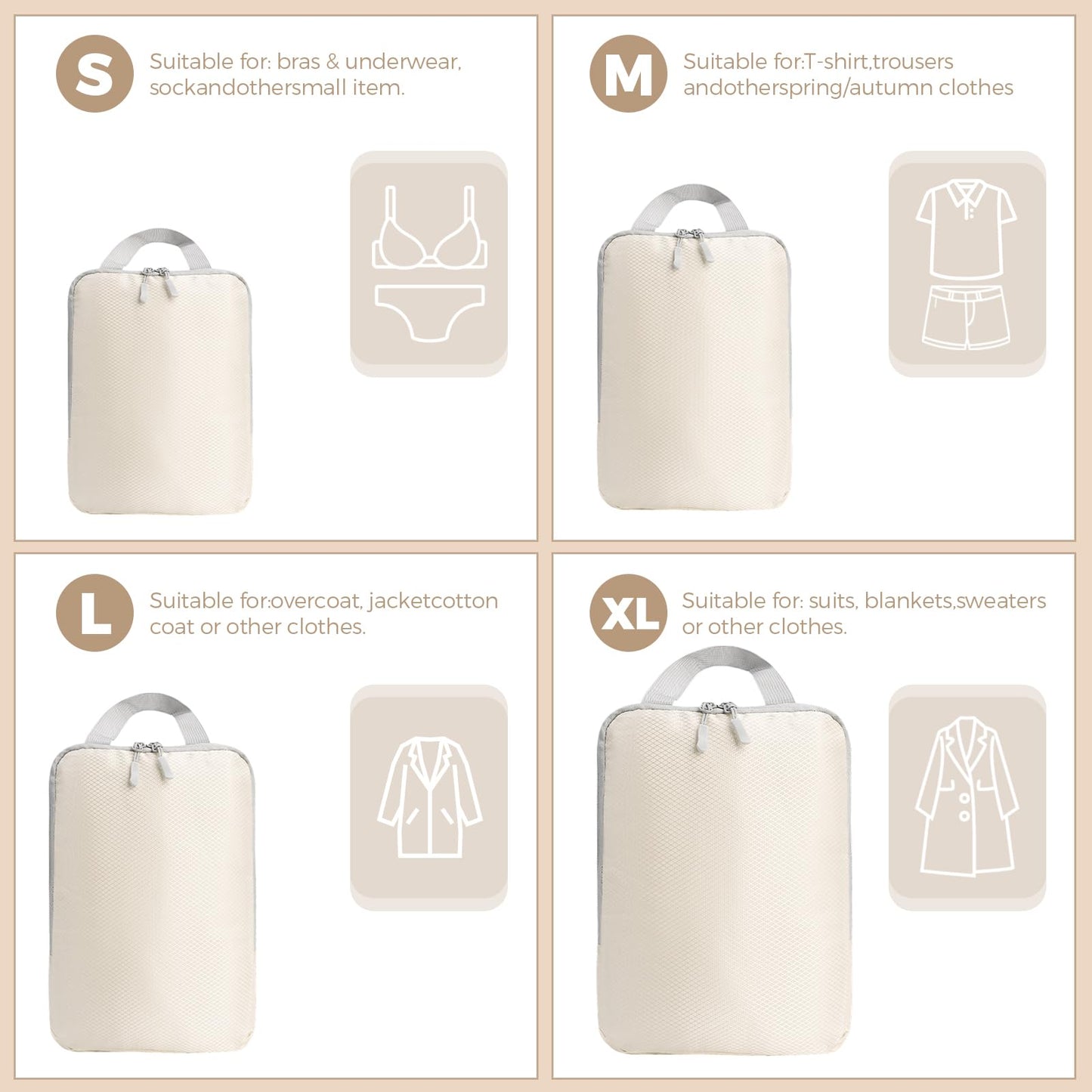 4 Set Compression Packing Cubes for Suitcase - Space-Saving Luggage Organizer Bags, Lightweight Travel Essentials for Efficient Packing (Beige)