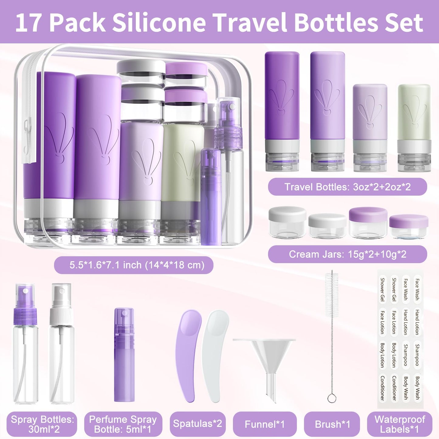INSFIT 17 Pack Silicone Travel Bottles Set - TSA Approved Leakproof Toiletries Containers, Reusable Travel Size Accessories for Women & Men, Airplane Essentials, Shampoo Lotion Organizer