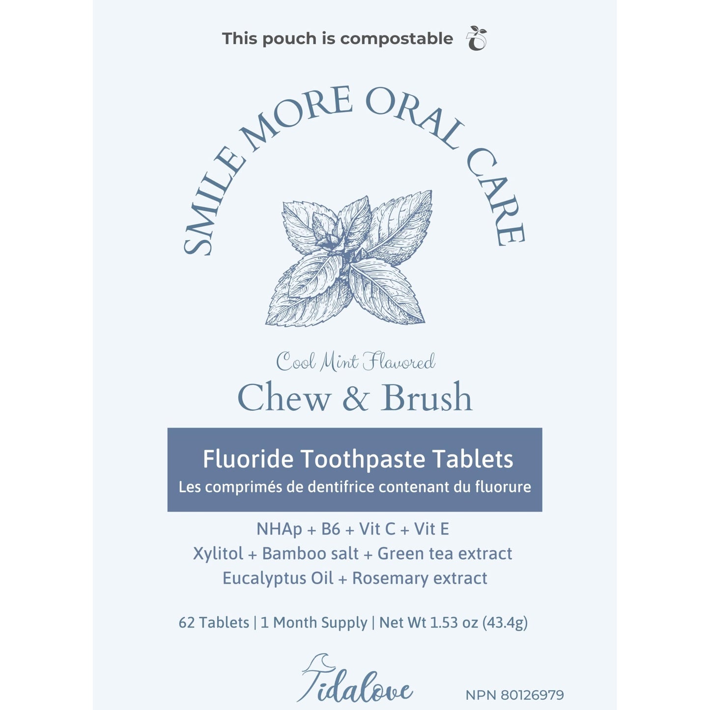 Tidalove Smile More Toothpaste Tablets with Fluoride & nHAp - Vegan, Enamel Strengthening, Zero Waste, Paper Refill, 62 Tablets, Cool Mint, 1 Month Supply, Travel-Friendly