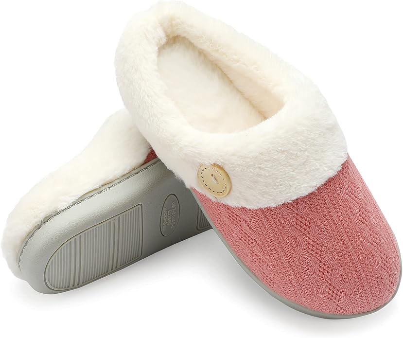 Chantomoo Womens Slipper Warm Comfy Memory Foam House Slippers Knitted Shoes Faux Fur Lined Anti-Skid Rubber Sole Bedroom Cozy Indoor Outdoor Slippers