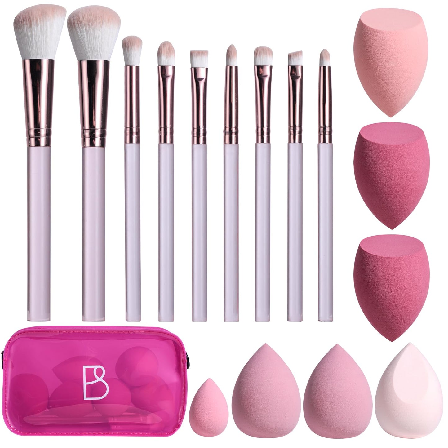 BS-MALL 9 Pcs Travel Makeup Brush Set With 7 Pcs Beauty Blender Sponges, Foundation Brush, Mini Makeup Sponge & Case, Luxury For Flawless On-the-go Beauty, Face, Eyes & Precision Blending