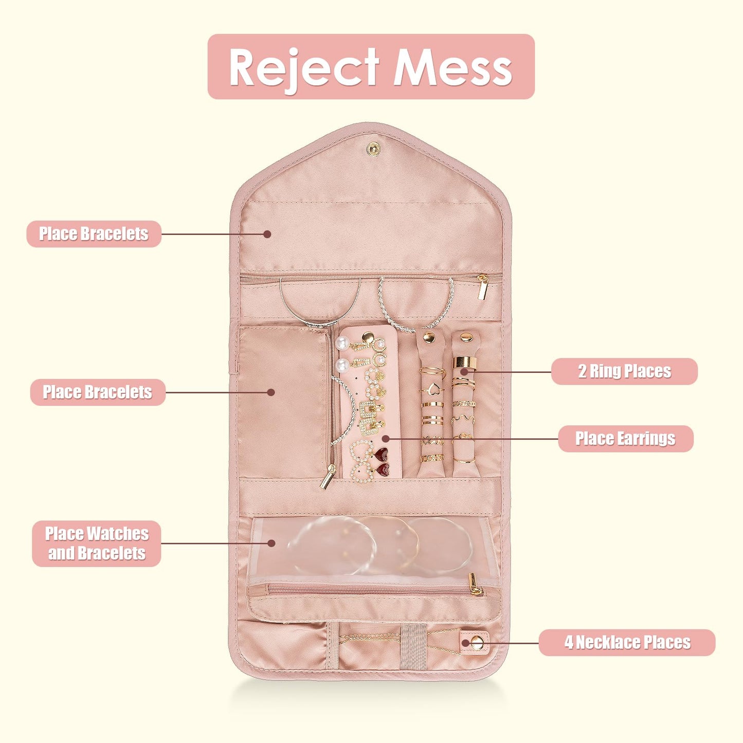 Amrules Travel Jewelry Organizer Bag Anti-Tangle Foldable Small Jewelry Roll Travel Case Accessory for Necklaces, Earrings, Rings, Bracelets, Watches, Pink