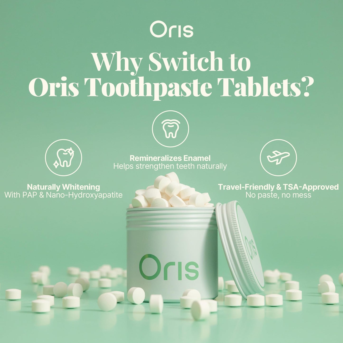 Oris Starter Bundle – 1 Month Supply: Natural Toothpaste Tablets | Fluoride-Free, Travel-Friendly, Kid-Safe with Enamel-Strengthening Nanohydroxyapatite (62 Count (Pack of 1), Peppermint)