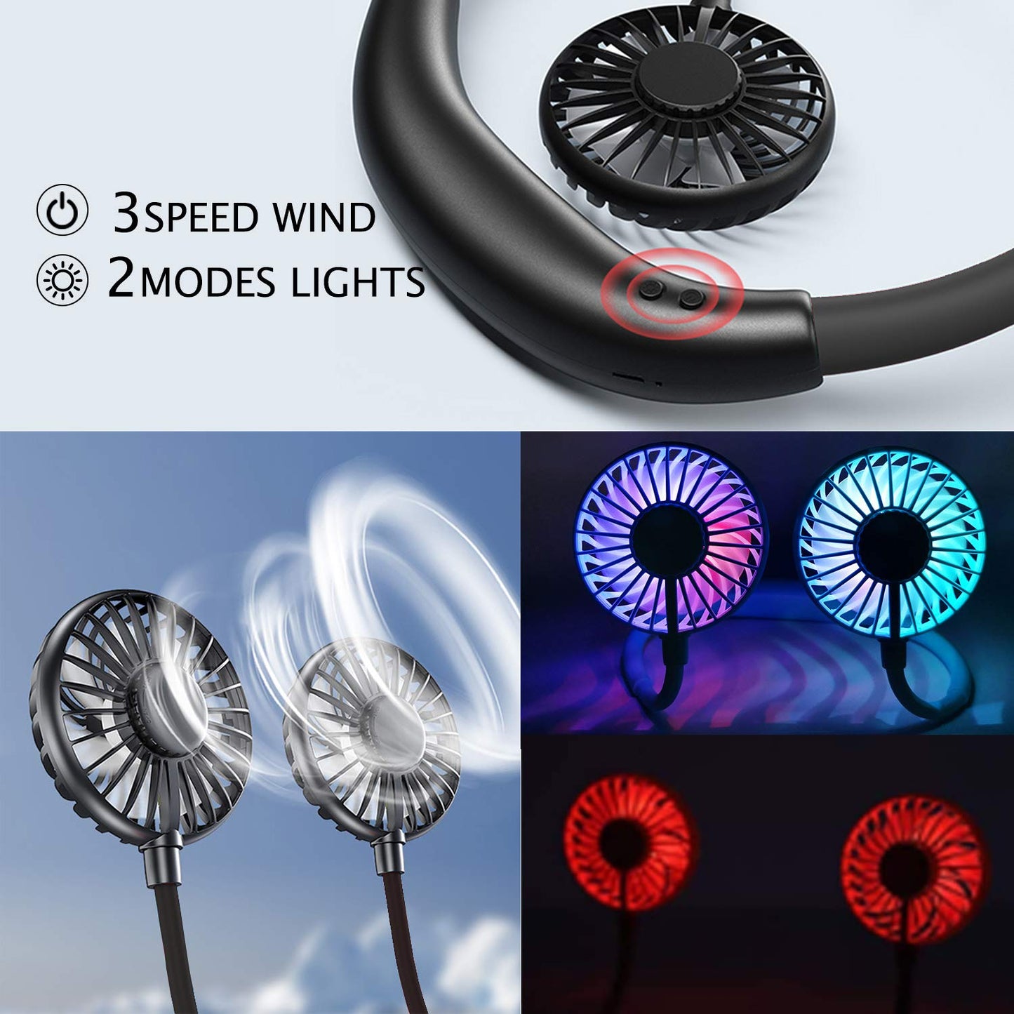 Neck Fan - 2600mAh Battery Operated Hands Free Fan, Portable Hang Around Neck Fans for Fishing, Camping, Hiking, Working, USB Powered, Over 12 Hours Cooling