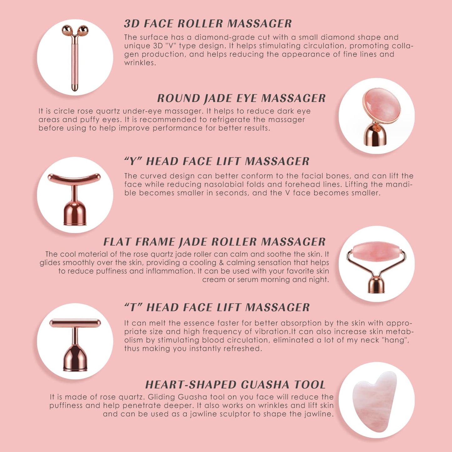 Generic 7pcs Facial Jade Roller and Gua Sha Kit, 100% Natural Jade Stone Face Massager for Skin Tightening, Dark Circles, Skin Rejuvenation, Wrinkle Remover, Men and Women Massage Tool Gift Set, Pink