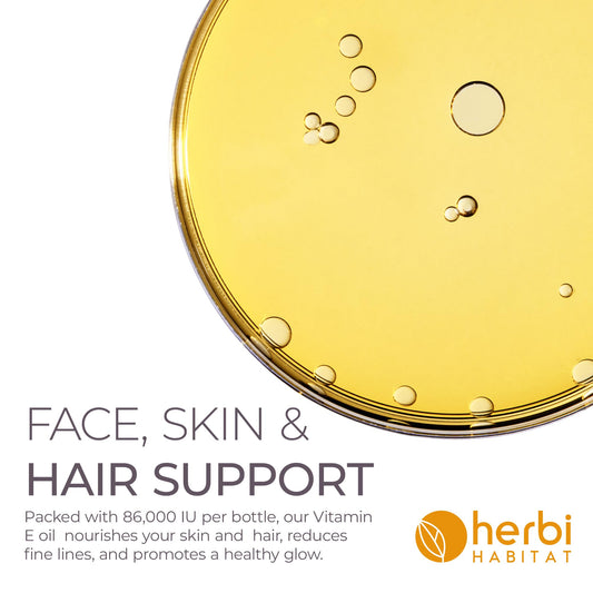 Herbi Habitat Vitamin E Oil 86,000 IU - Natural D-Alpha Tocopherol for Skin, Hair, Nails, Scars & Stretch Marks - Non-GMO & Vegan, 2 Fl oz
