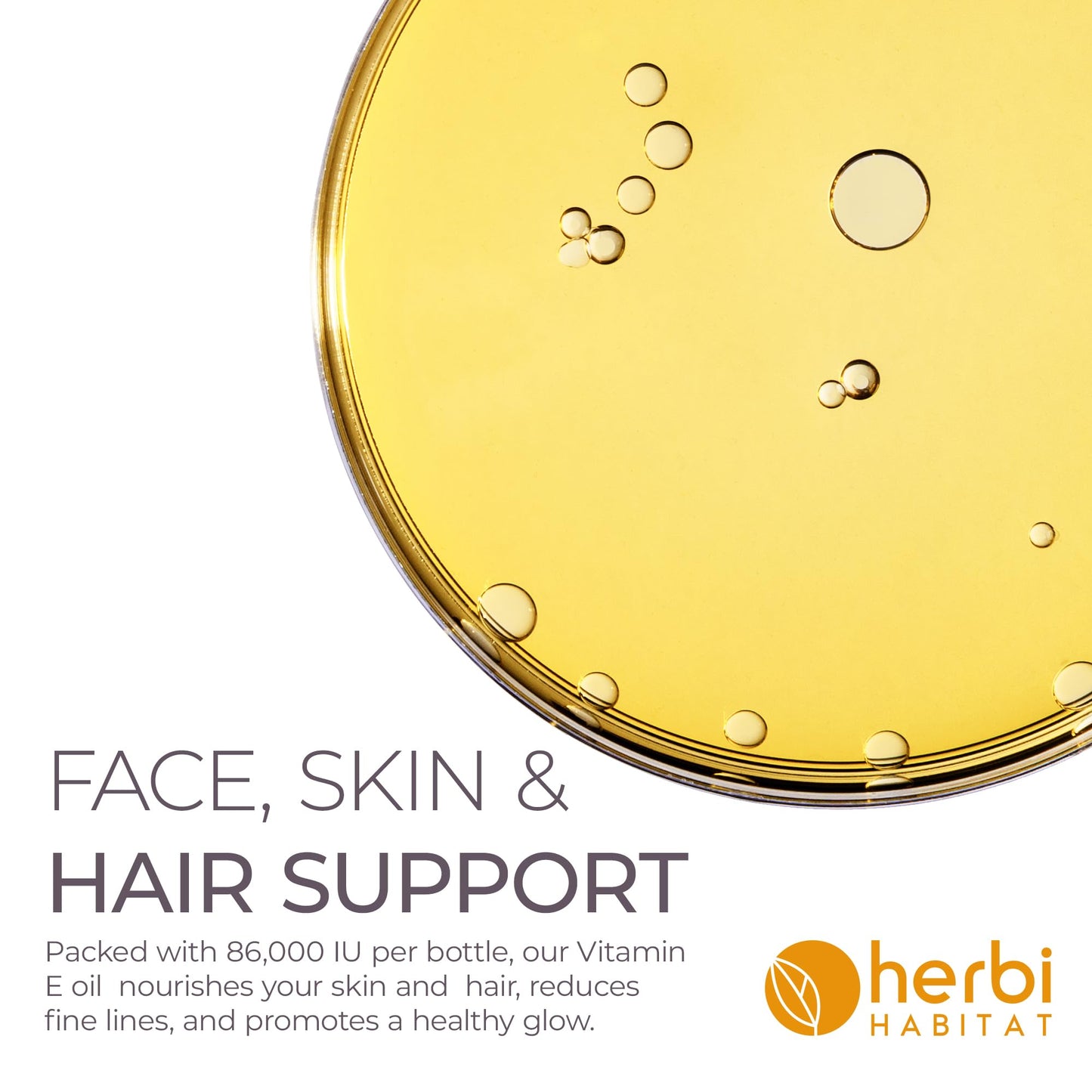 Herbi Habitat Vitamin E Oil 86,000 IU - Natural D-Alpha Tocopherol for Skin, Hair, Nails, Scars & Stretch Marks - Non-GMO & Vegan, 2 Fl oz